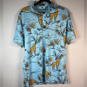 Bad Birdie Light Blue Safari Cheetah Print Polo Golf Shirt Size Medium
